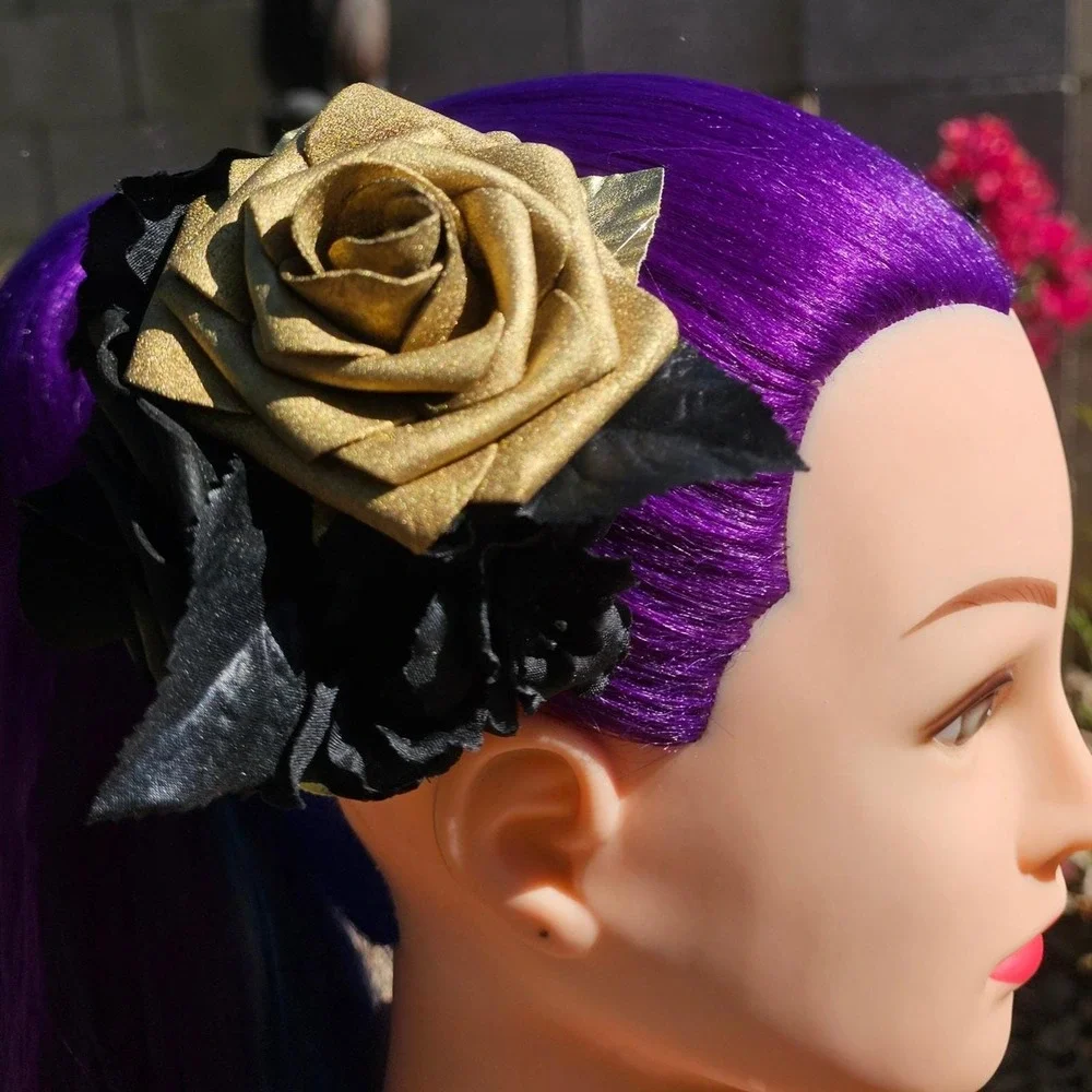 Handmade Black Gold‎ Rose Hair Clip Gothic Glam Floral Fascinator Rockabilly